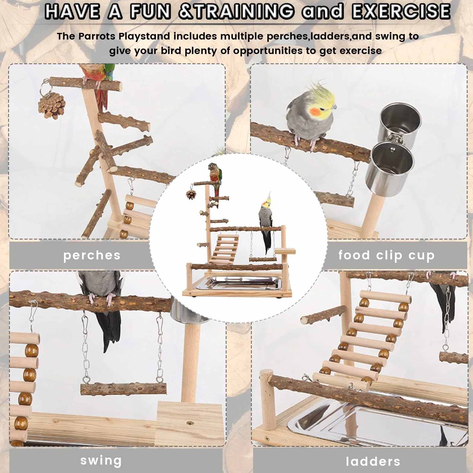 Parque de Juegos para Pájaros Gimnasio para Aves Stand Área de Juego con Soporte Perchas Taza de Alimentación Columpio Escalera Bandeja para Agapornis, Loros, Madera, Tamaño 45x37x26 CM #A