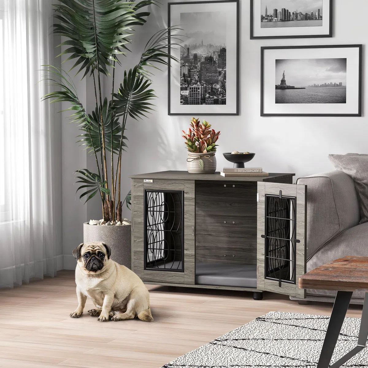 PawHut: Caseta de perro con cojín, puerta con cerradura, malla metálica de ventilación, para perros medianos de hasta 20 kg, gris, 80 x 56 x 63 cm