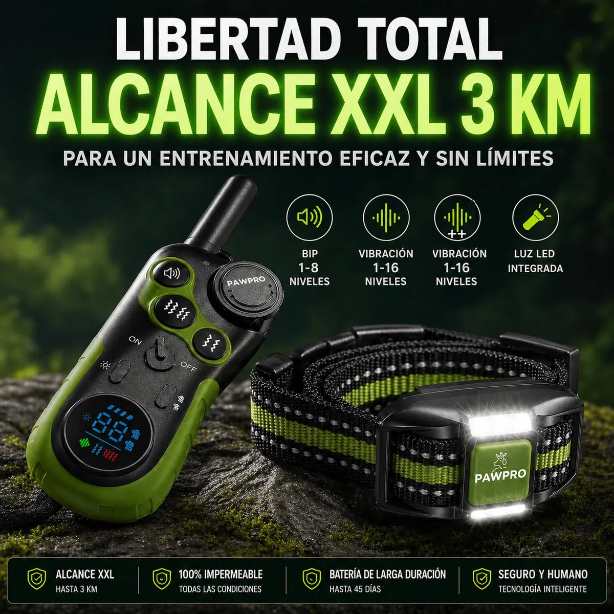 PAWPRO Collar de Adiestramiento, Conforme Nueva Ley Española de Bienestar Animal, Alcance XXL 3 km, Modo Luz Nocturna, BIP Vibración Boost, Apto para Todos los Perros, Resistente al Agua (1 Collar)