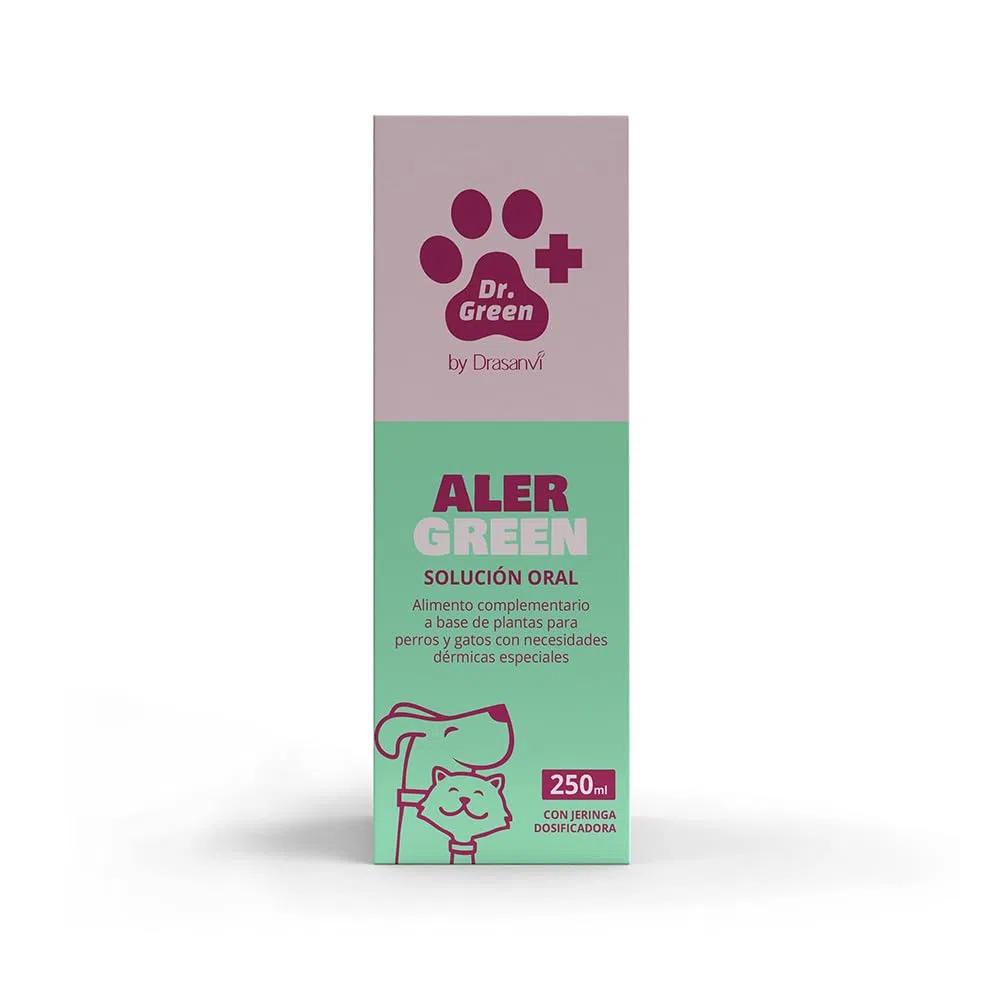 Drasanvi AlerGreen para Perros y Gatos | Solución Oral 250 ml Natural para Alergias, Picor e Inflamación | Omega 3 y 6 Quercetina y PEA | Cuidado Especial de la Piel Sensible con Jeringa Dosificadora