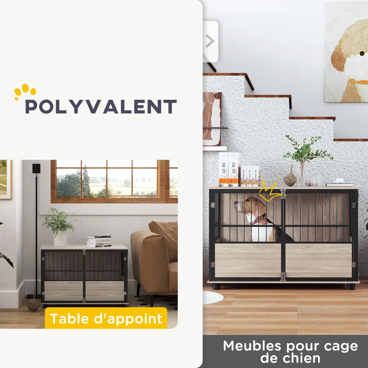 PawHut - Jaula para perro interior, mesa auxiliar, 100 x 60 x 68 cm, para perros hasta 30 kg, 3 puertas con cerradura, montaje fácil, aspecto madera negro