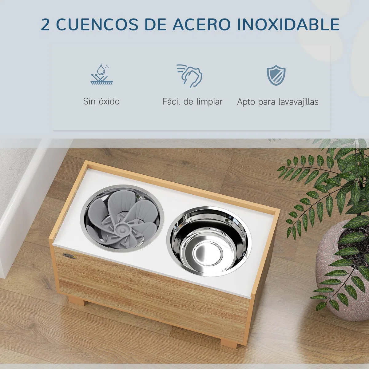 PawHut Comedero Perro Elevado con Alimentador Lento Extraíble y Espacio de Almacenaje Cuencos para Perros con 2x2 L Comedero y Bebedero de Acero Inoxidable para Perros Grandes Roble