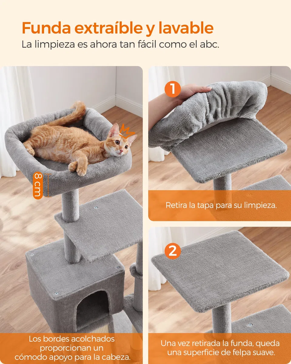 FEANDREA Árbol para Gatos Pequeños, 135 cm, Condominio para Gatos de Felpa de Varios Niveles, con Cubierta de Plataforma Extraíble y Lavable, Rascador, Cesta, Cueva, Gris Claro