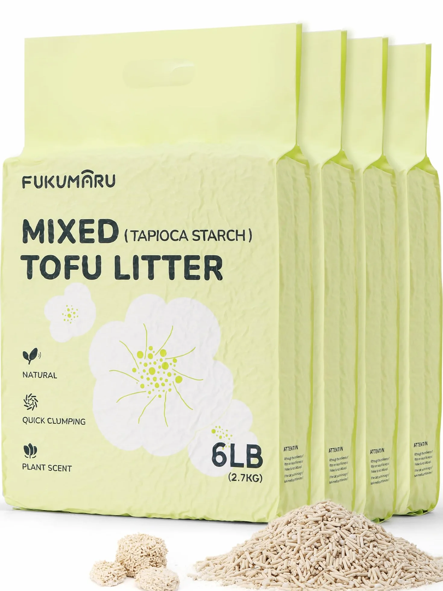 FUKUMARU Tofu Arena para Gatos con Cassava 10.8KG. Ultra aglutinante Antiadherente, sin Polvo, Fragancia Natural de Gardenia, Control de olores, se Puede desechar en el Inodoro, residuos mínimos.