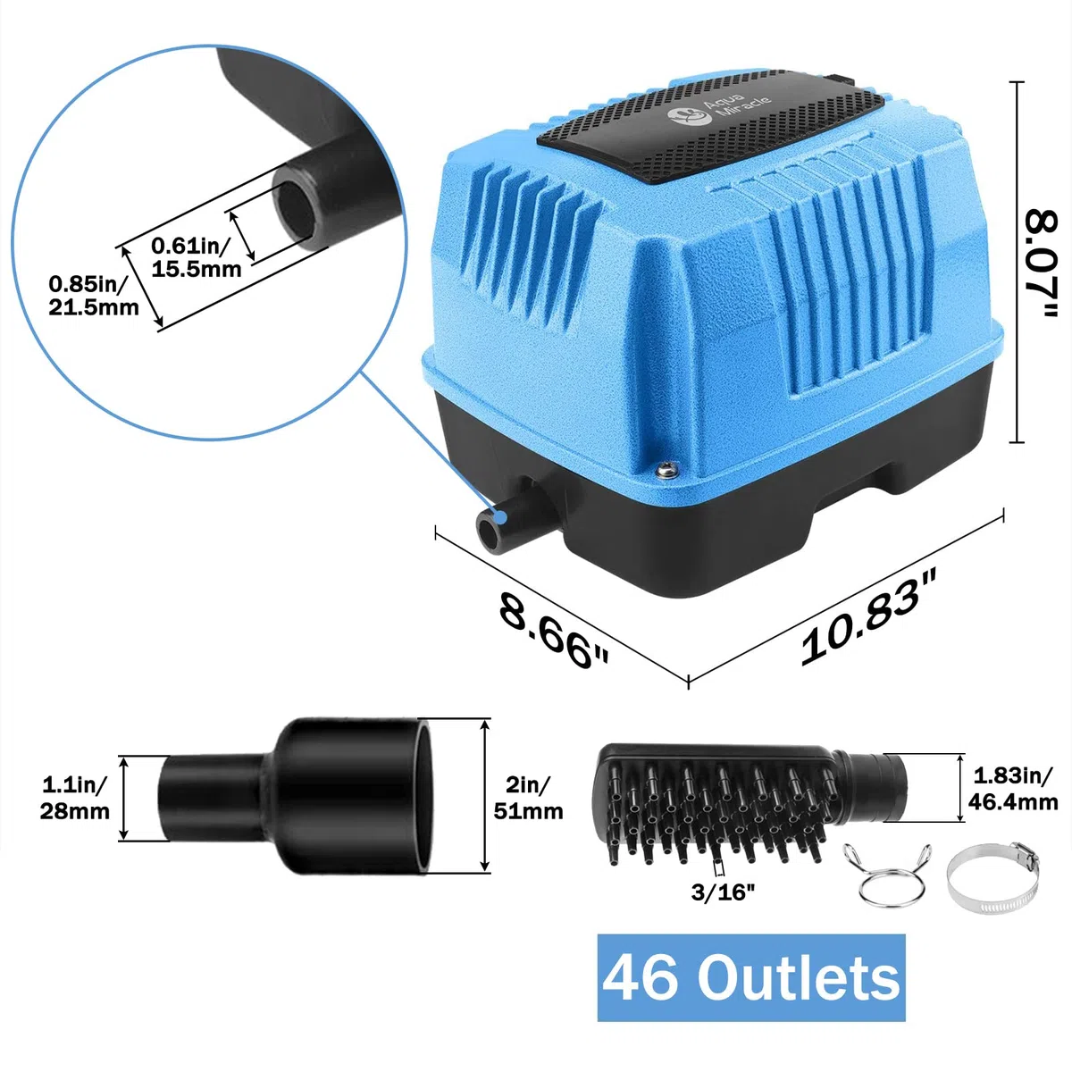 AquaMiracle Bomba de aire lineal AP160 para aireación de estanques, bomba de aire séptica de 2550 GPH, aireadores de estanques para estanques al aire libre, hidropónico, tratamiento de residuos