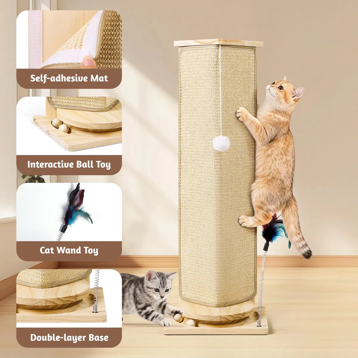 Rascador de esquina para sofá, poste rascador para gatos de 31 pulgadas de alto con juguetes interactivos, almohadilla de sisal reemplazable para gatos de interior, protector de muebles para