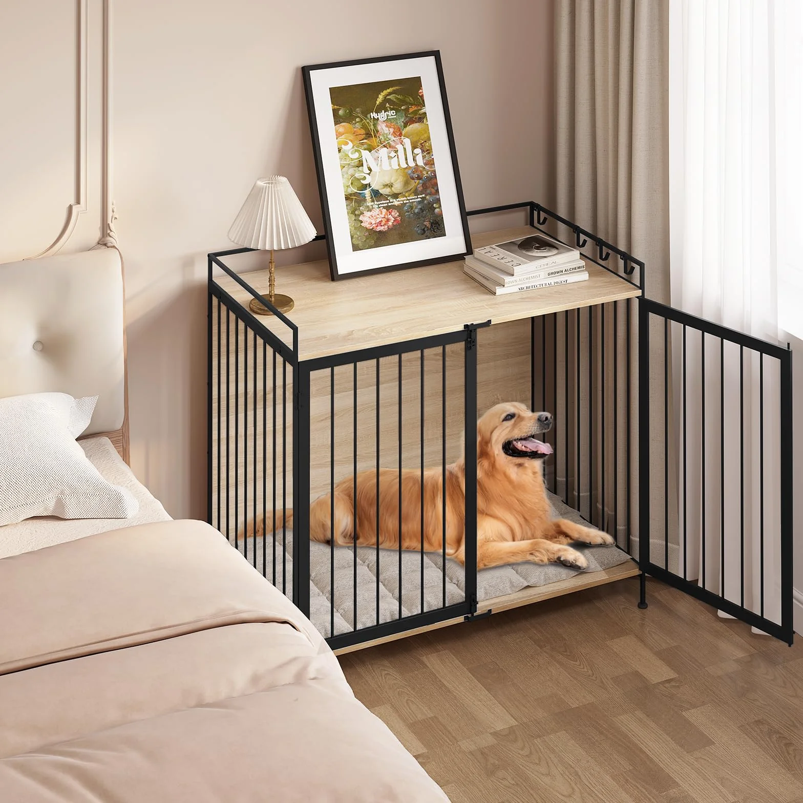 EUGAD Jaula para Perros, Casa Perro Interior con 2 Puertas, Caseta para Perros Grandes Medianos y Pequeños,104x92x60cm, Capacidad de Carga 50KG,Barras de Metal Resistentes, Mesa Auxiliar Salon