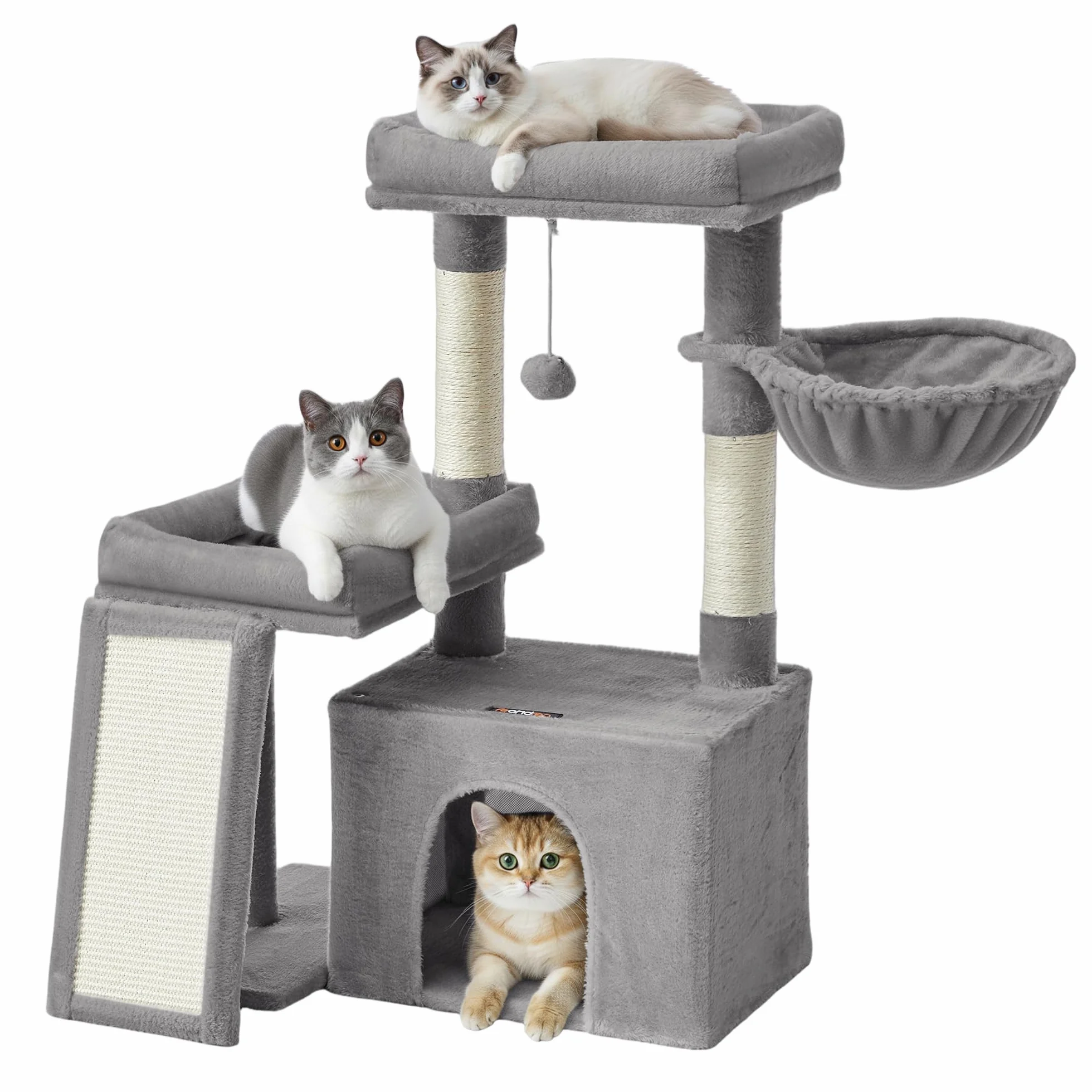 Feandrea Árbol para Gatos, Torre de Juegos con 2 Camas Grandes, Postes Rascadores y Rampa, 85,8 cm de Altura, Gris Paloma PCT013GD01