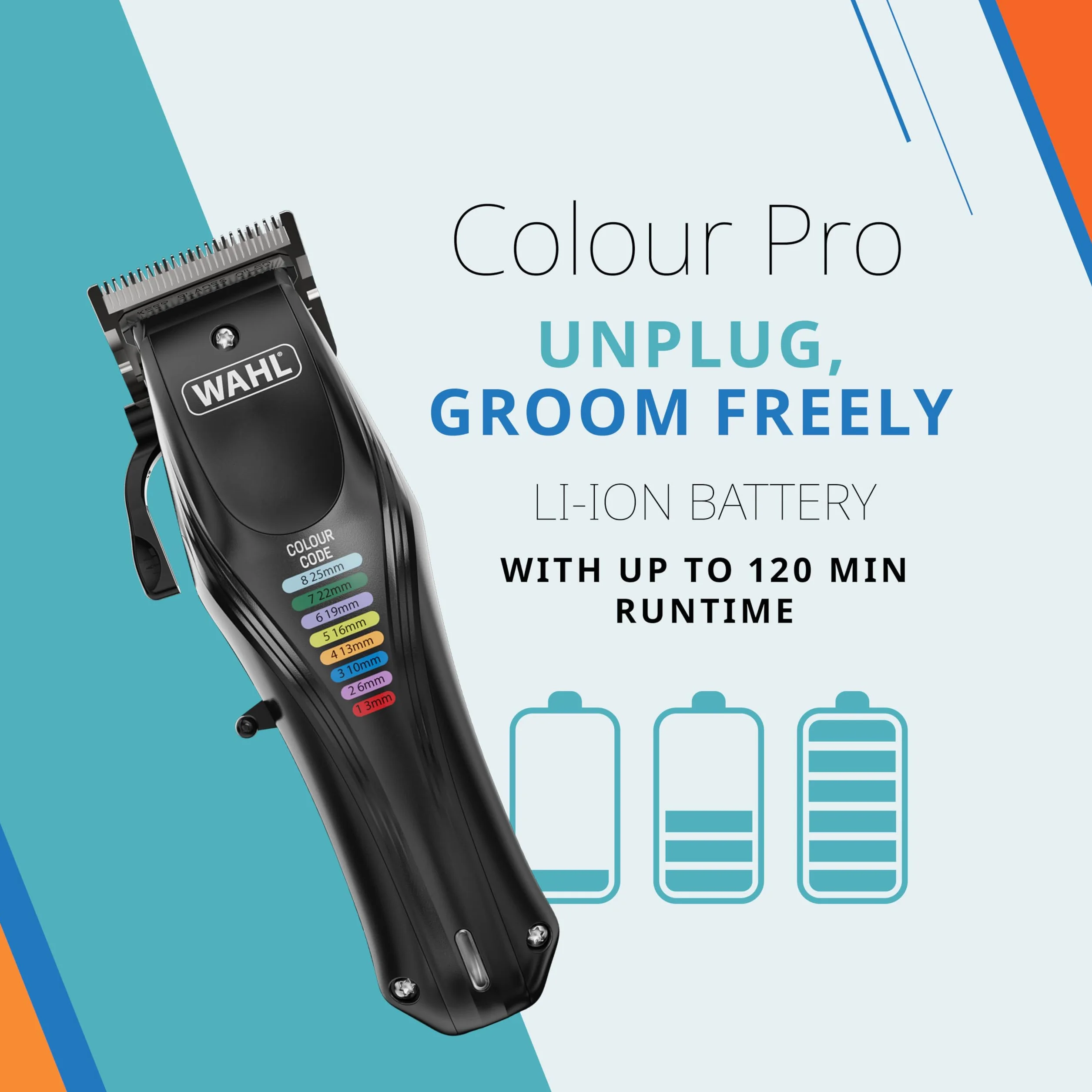 WAHL Colour Pro, cortapelo, Recargable para Mascotas, peines codificados, peluquería Canina Completa, bajo Nivel de Ruido, Cable/inalámbrico para Perros, Negro