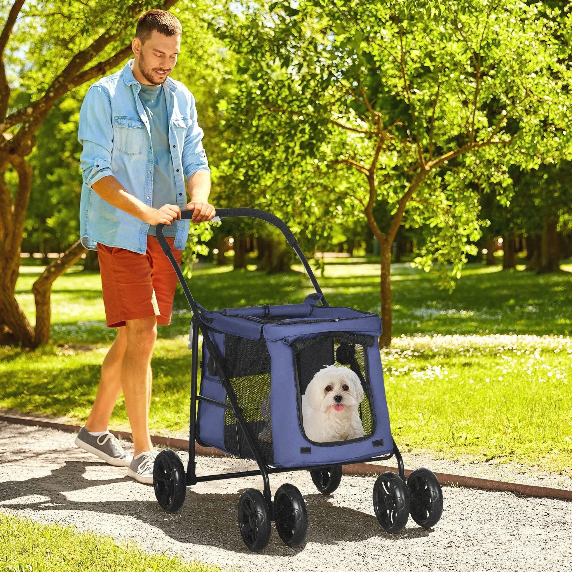 PawHut cochecito plegable para perros con cojín, carrito para gatos hasta 20 kg, para pequeños y medianos con bolsillos laterales, ventana de malla, tela Oxford, azul