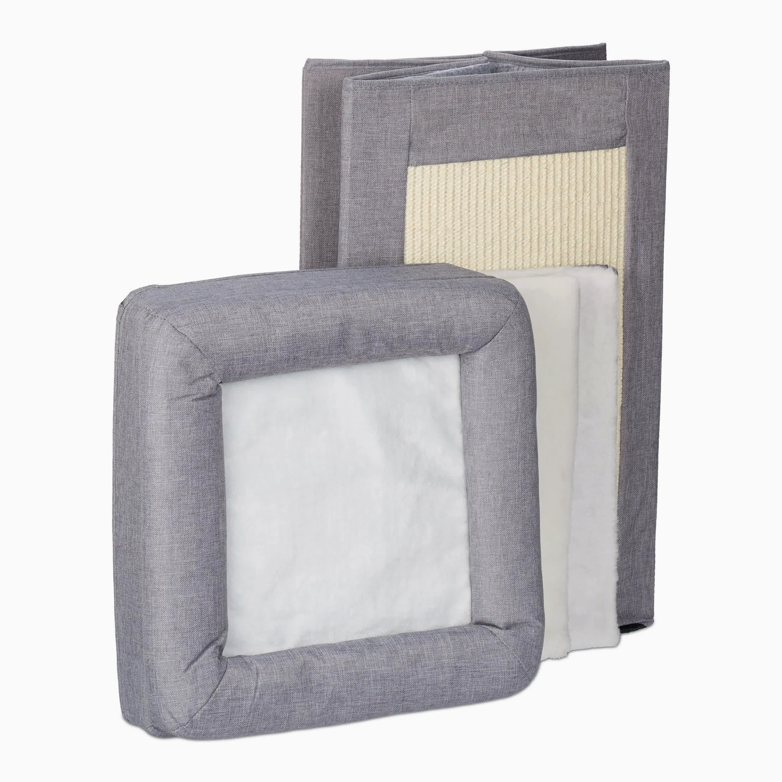 Relaxdays Casa para Gatos con 2 Cuevas, Nivel Superior Abierto, Cama Gatitos, con Rascador, 63x40x40 cm, Gris y Blanco