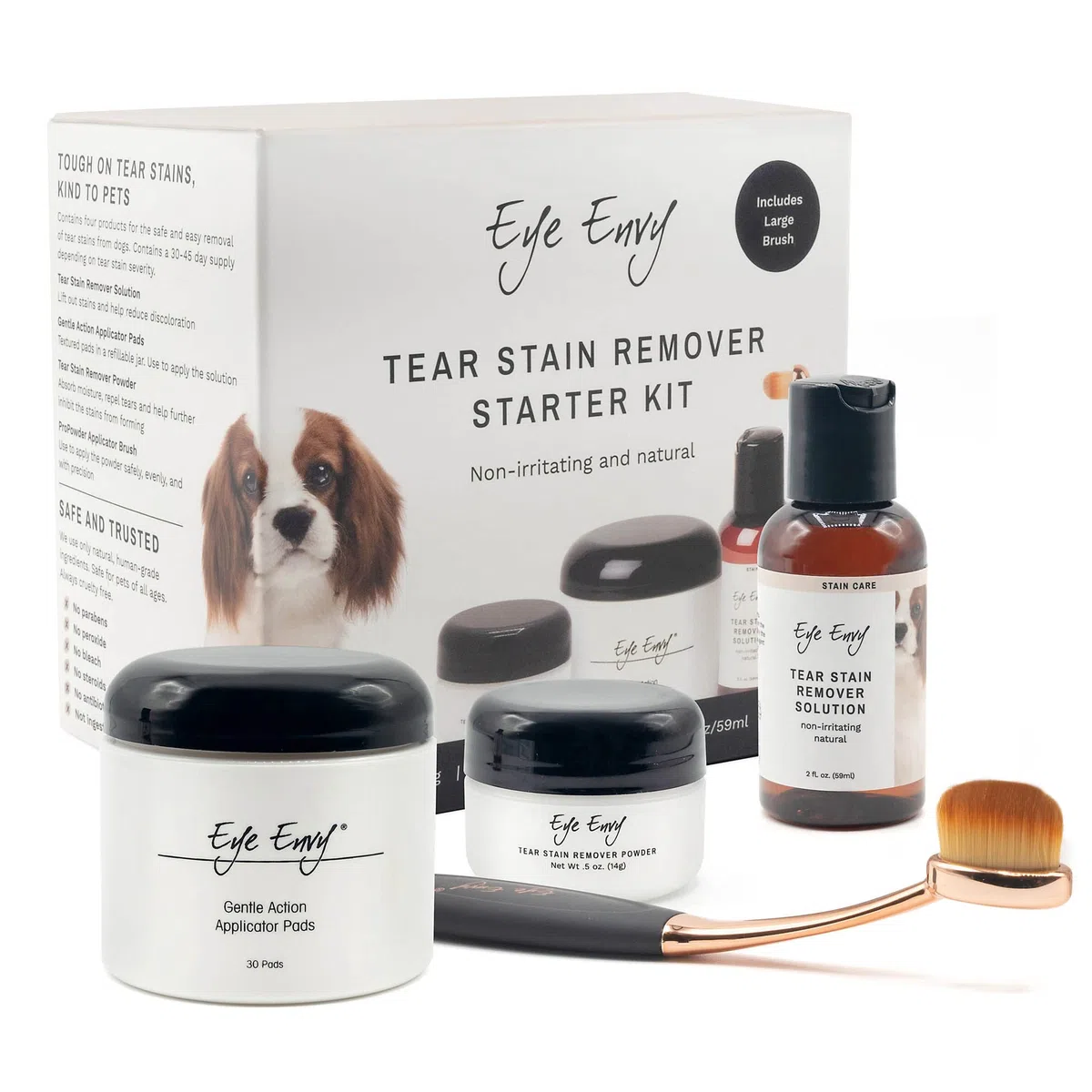Eye Envy Kit quitamanchas de lágrimas de perrode inicio con cepillo ProPowder | solución antimanchas, almohadillas aplicadoras, polvo antimanchas y cepillo aplicador grande | Dura 30-45 días