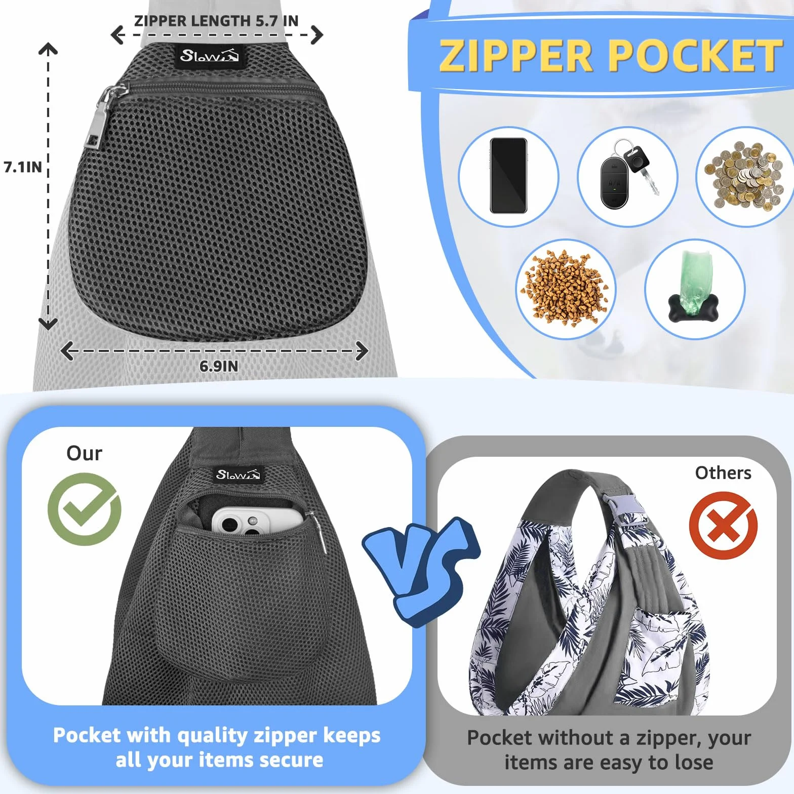 SlowTon Transportín para Perros, Correa Ajustable del Hombro para Perros Pequeños, Bolsa De Transporte para Perros, Porta Mascotas con Bolsillo Frontal con Cremallera, Cinturón De Seguridad