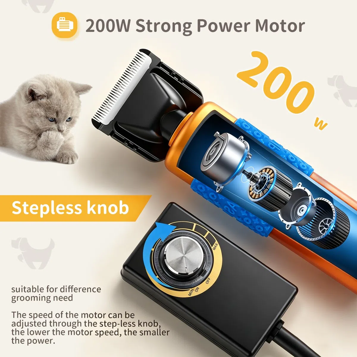 CGOLDENWALL Cortapelo para Mascotas 200W - Bajo Ruido y Vibración - Clippers para Animal Profesional con Cable de 3m Ideal para Conejo/Perro/Gato/Oveja y Otros Animales
