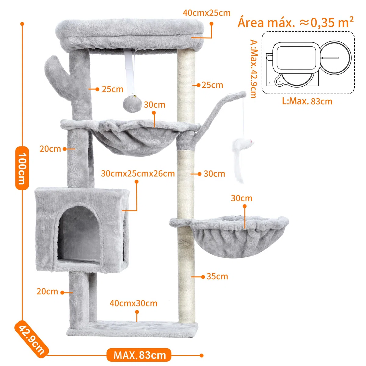 Heybly Arbol Rascador para Gatos, Arbol Gato de 100 cm de Altura con Plataforma Grande, Cueva, 2 Hamacas, Juguetes y Árbol para Trepar con Rascador, Gris Claro HCT006SW