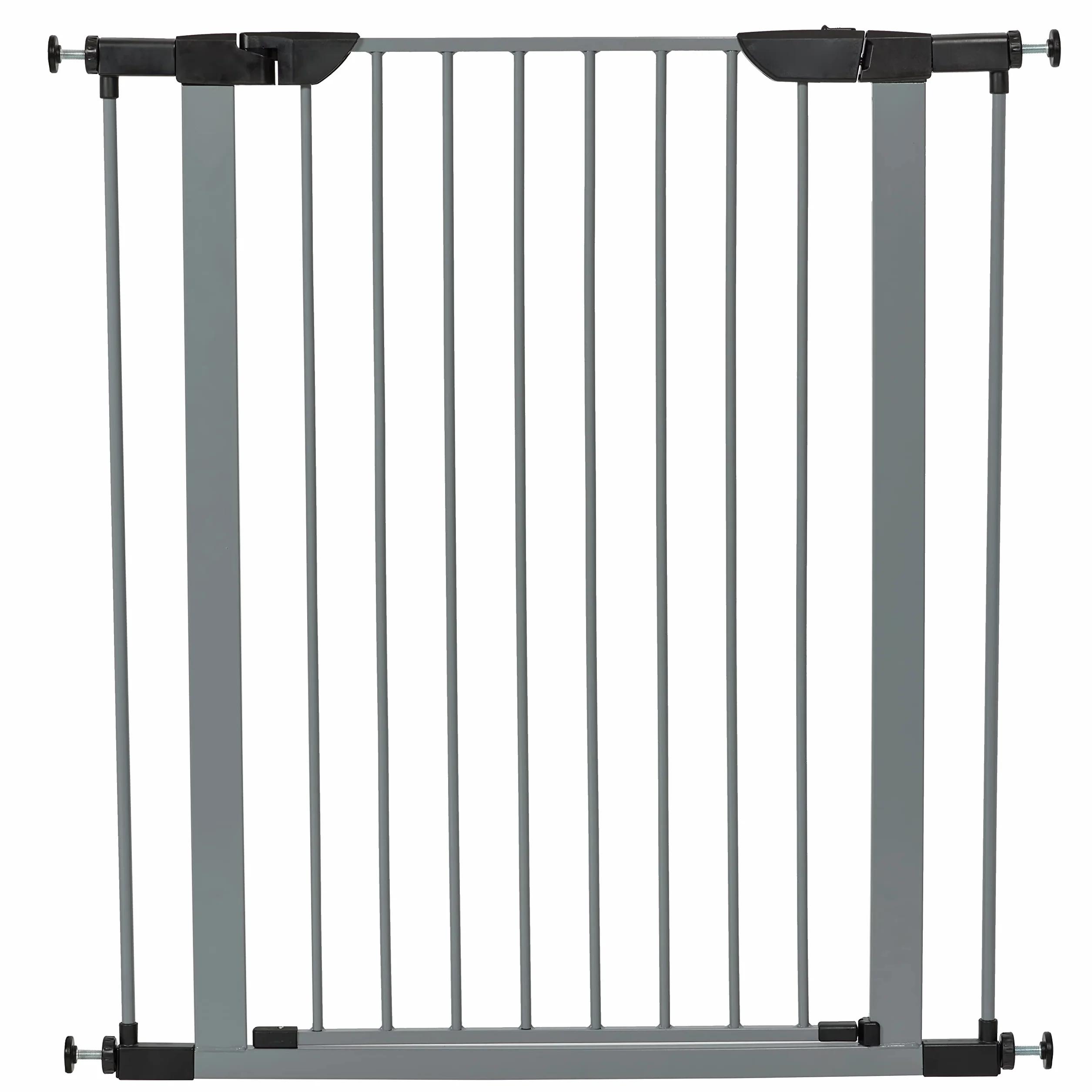 New World - Puerta de acero para mascotas de 99 cm de alto, se expande a 96,5 cm de ancho, incluye extensiones de 7,6 cm, gris claro, no daña las paredes, para mascotas pequeñas y medianas
