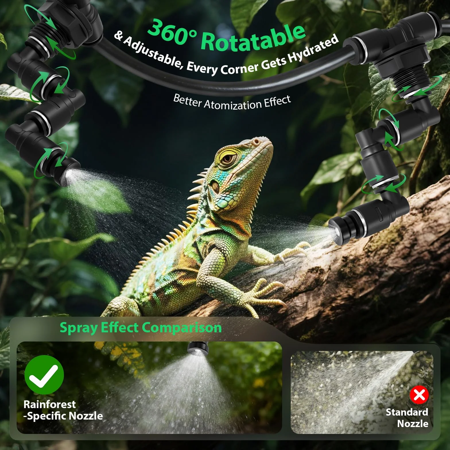 Sistema inteligente para reptiles, humidificador de reptiles, sistema de niebla para terrario con boquillas de pulverización de 360° y temporizador para flores/selva/reptiles/anfibios/plantas