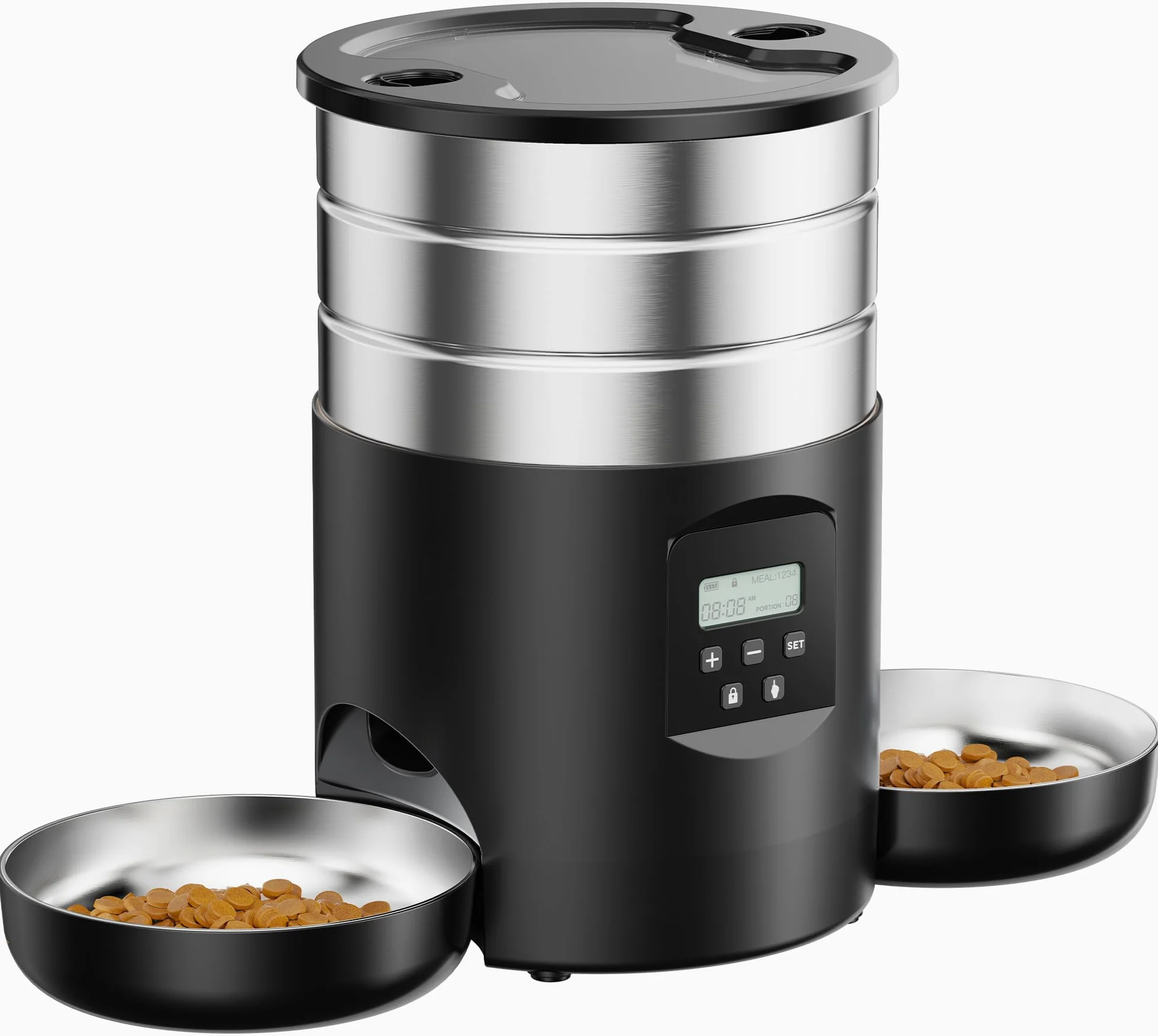 Comedero Gato Automatico Doble Cuencos: Dispensador Comida Gatos Acero Inoxidable - 5L Alimentador Perro con Programable Temporizador para Interior - Dosificador Pienso para Pequeño/Mediano Mascota