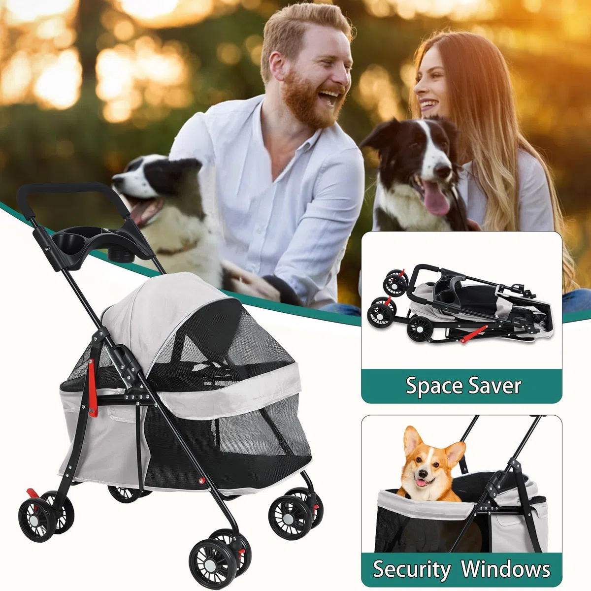 Cochecito para perros y gatos con portavasos, cochecitos plegables para perros pequeños, cochecitos medianos, cochecitos pequeños para mascotas, malla transpirable y visible, hasta 22 libras, color