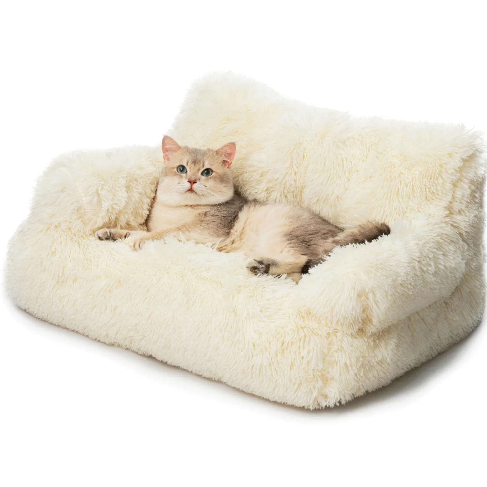 MEWOOFUN Elegante sofá cama grande para gatos de interior, sofá lavable de felpa, camas para perros pequeños, suave y calmante con parte inferior antideslizante, color beige