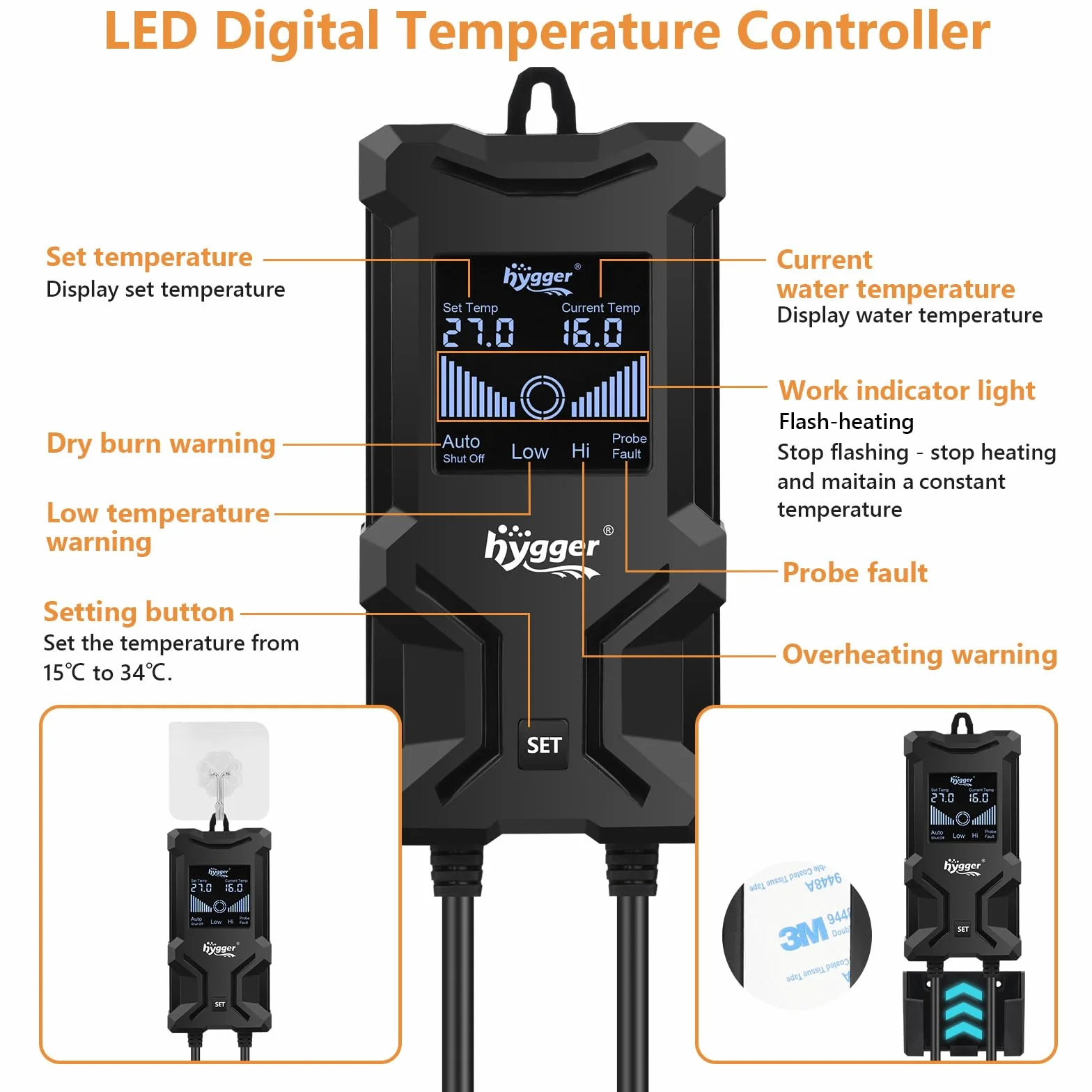 Hygger Calentador de Acuario, 1000W Sumergible Calentador para Acuario con Controlador de Pantalla Digital LCD Inteligente y Protección de Apagado Automático para Tanque de Agua Dulce de 492-984L