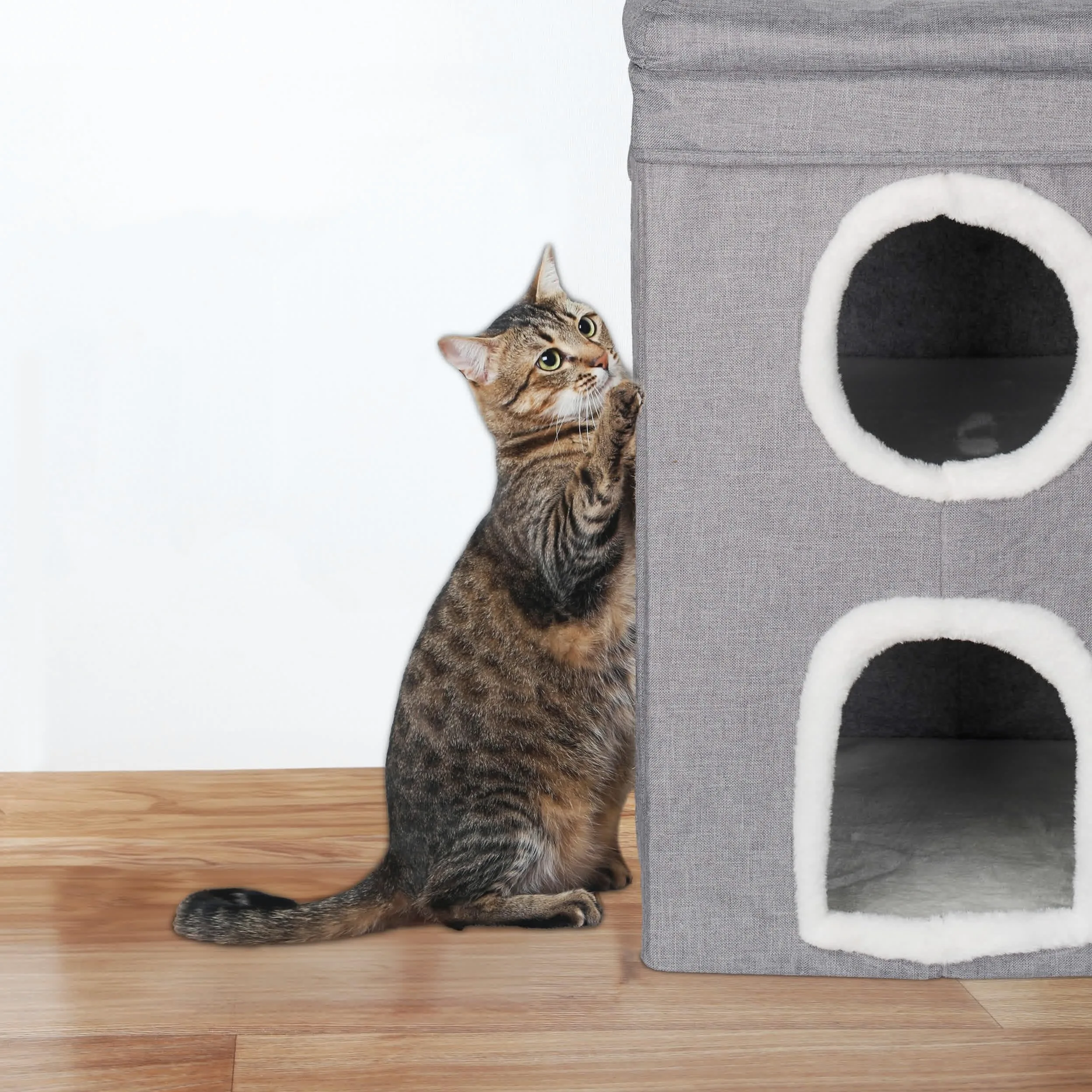 Relaxdays Casa para Gatos con 2 Cuevas, Nivel Superior Abierto, Cama Gatitos, con Rascador, 63x40x40 cm, Gris y Blanco