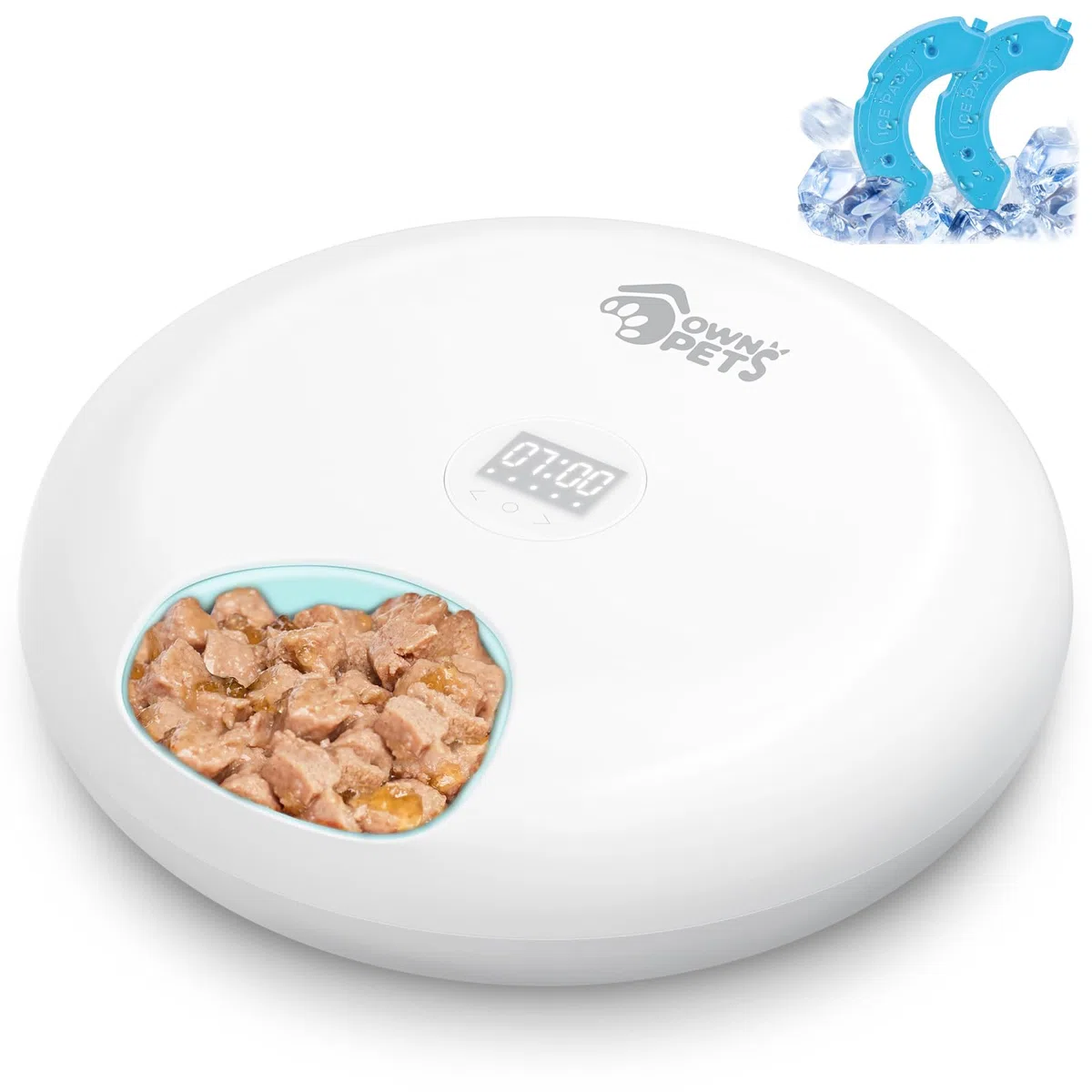 Ownpets Comedero Automático para Gatos y Perros, Dos Paquetes de Hielo para Mantener Comida Fresca, Temporizador Programable, 6 Comidas, Alimentación USB, para Comida Seca y Húmeda, Blanco