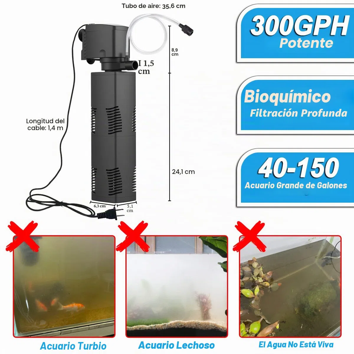 Filtro Interno para Pecera de 150-560 litros Filtro de Bioesponja para Acuario Potente Bomba de Agua Sumergible Gran Tanque Tortuga de Jardín Estanque Ondulador para Peces Tropicales de Agua Fría