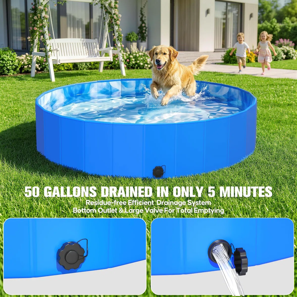 KingSom Piscina para Perros, Bañera Plegable Rigida Antideslizante, Piscina De Baño Plegable para Perros Antideslizante, Piscina para Niños Portátil, Piscina Mascotas con Desagüe, 122 x 31 cm