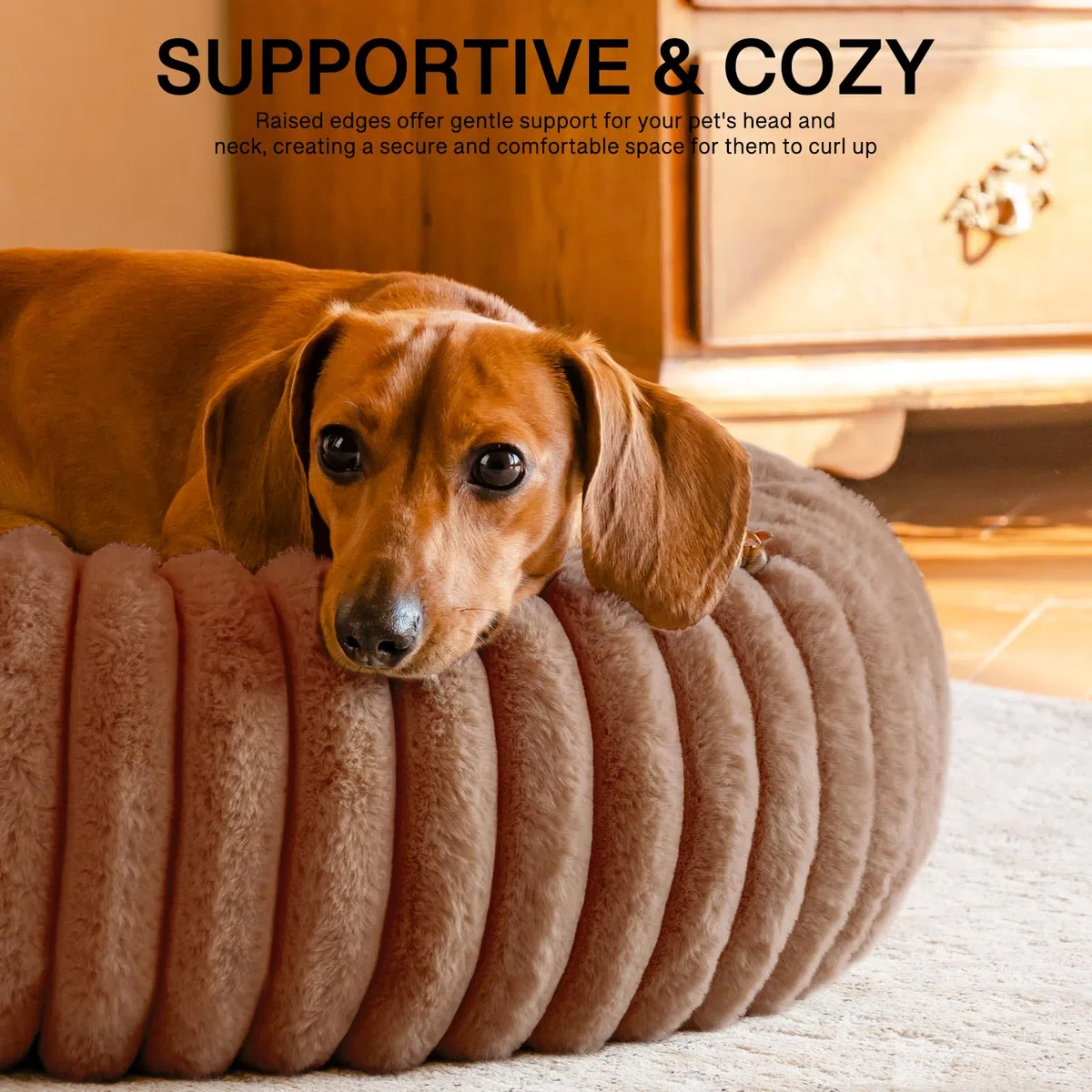 MEWOOFUN Camas para gatos de interior, cama lavable y esponjosa para mascotas con parte inferior antideslizante, cama redonda calmante para cachorros y gatos pequeños (marrón, 64 x 64 x 18 cm)