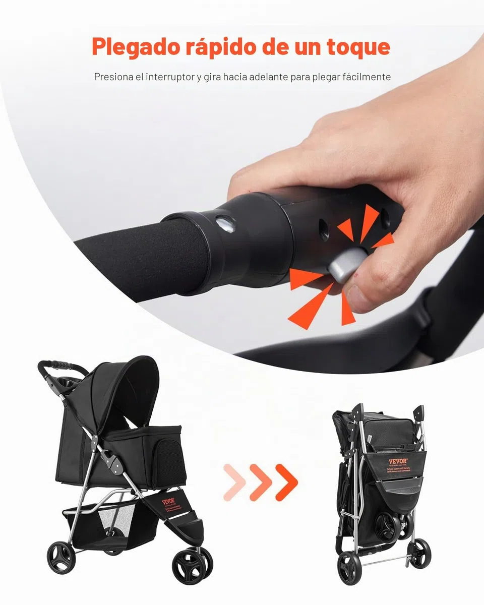 VEVOR Cochecito para Mascotas Capacidad 16kg Carrito Plegable para Perros de 3 Ruedas con Ventana de Malla y Portavasos Cochecito Portátil Tela Oxford 600D con Freno para Mascotas Pequeñas Medianas