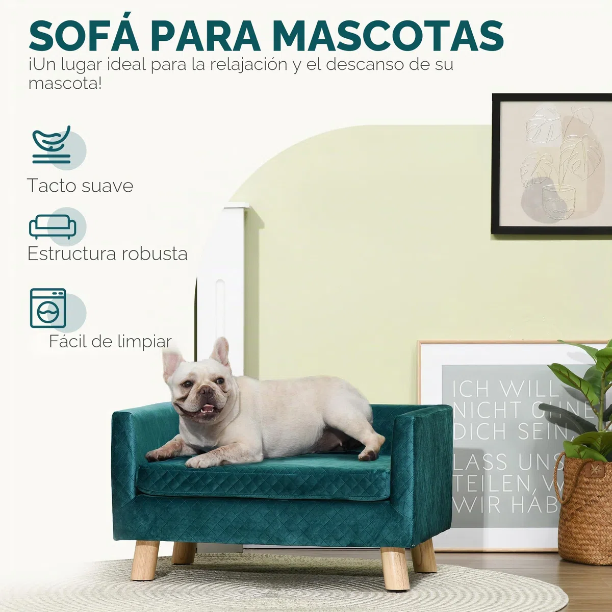 PawHut Sofá para Perros Cama para Perros Diseño escandinavo Cojín suave Patas de madera maciza dim. 64 x 45 x 36 cm Terciopelo Azul Pato