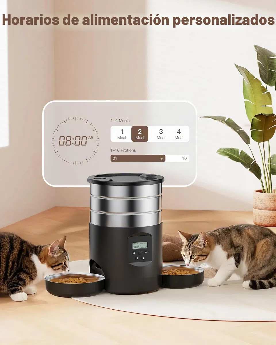 Comedero Gato Automatico Doble Cuencos: Dispensador Comida Gatos Acero Inoxidable - 5L Alimentador Perro con Programable Temporizador para Interior - Dosificador Pienso para Pequeño/Mediano Mascota