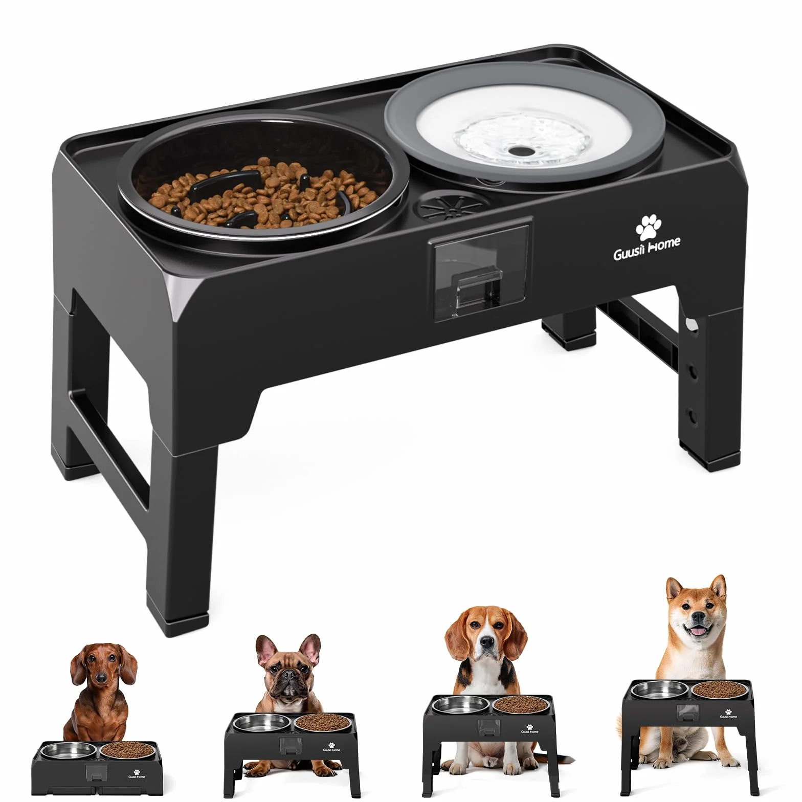 GUUSII HOME Comedero Perro Elevado Grande Cuenco Alto Perro Soporte Comederos y Bebedero para Perros Grandes Elevador Bol Altura Ajustable 43.5 * 24.4 * 12/25.7/29.7/33.7cm 2000ml Elevated Dog Bowl