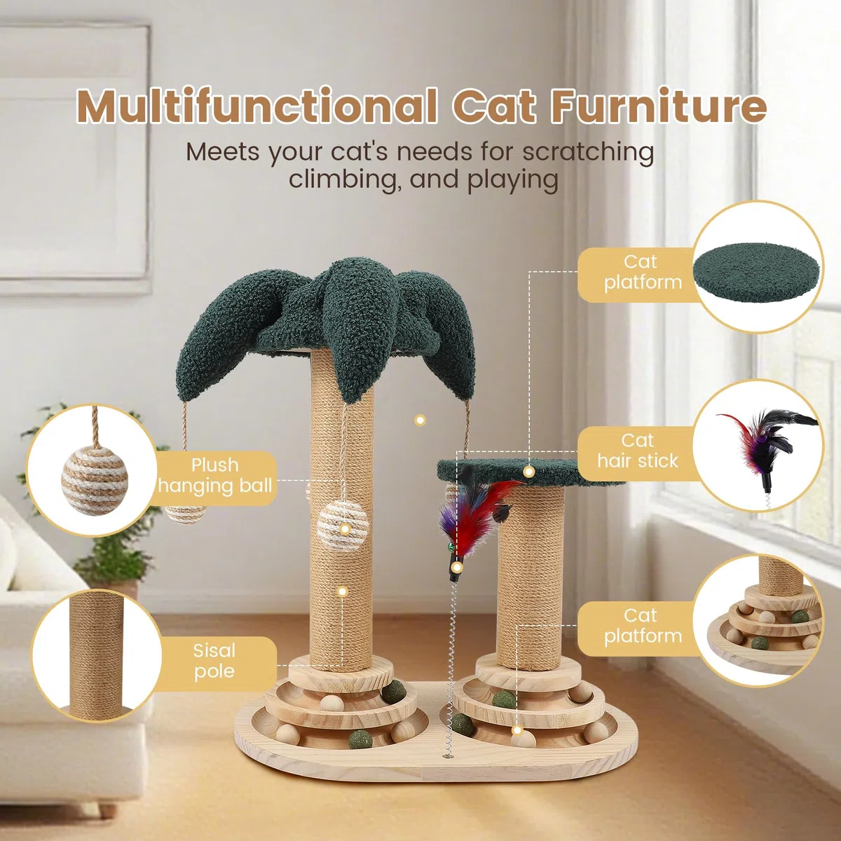 Juego de Juguetes interactivos 6 en 1 para Gatos con Pelota giratoria, Plumas, sisal y Yute Poste rascador, Tabla rascadora y Juguete, Mueble rascador, Juguete de Madera para Gatos con Plumas