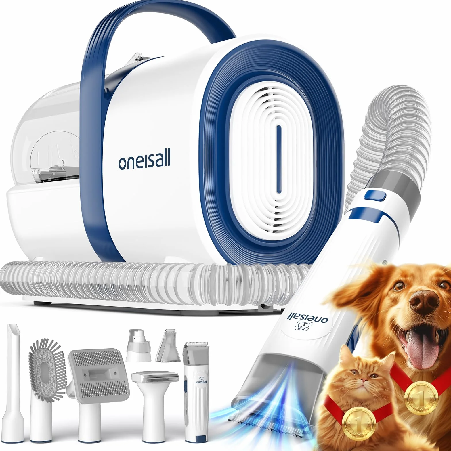 oneisall Cortapelos Perros con aspiradora de pelo, Aspira el 99% del pelo de las mascotas, máquina de corte silenciosa para perros y gatos y otras 7 herramientas de aseo (azul)