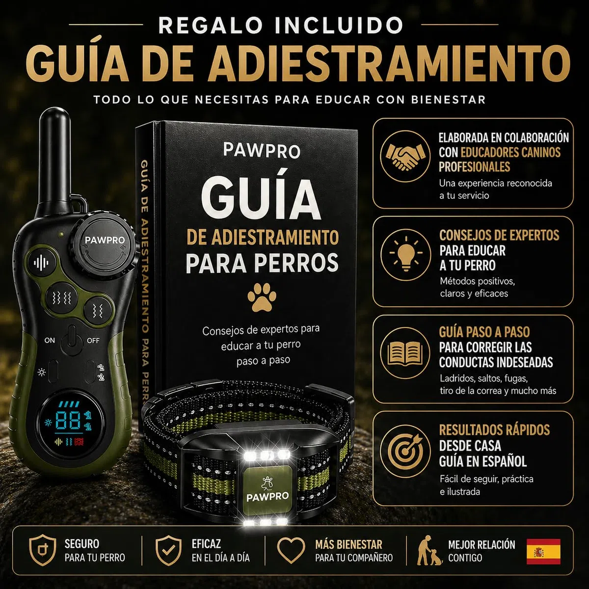 PAWPRO Collar de Adiestramiento, Conforme Nueva Ley Española de Bienestar Animal, Alcance XXL 3 km, Modo Luz Nocturna, BIP Vibración Boost, Apto para Todos los Perros, Resistente al Agua (1 Collar)