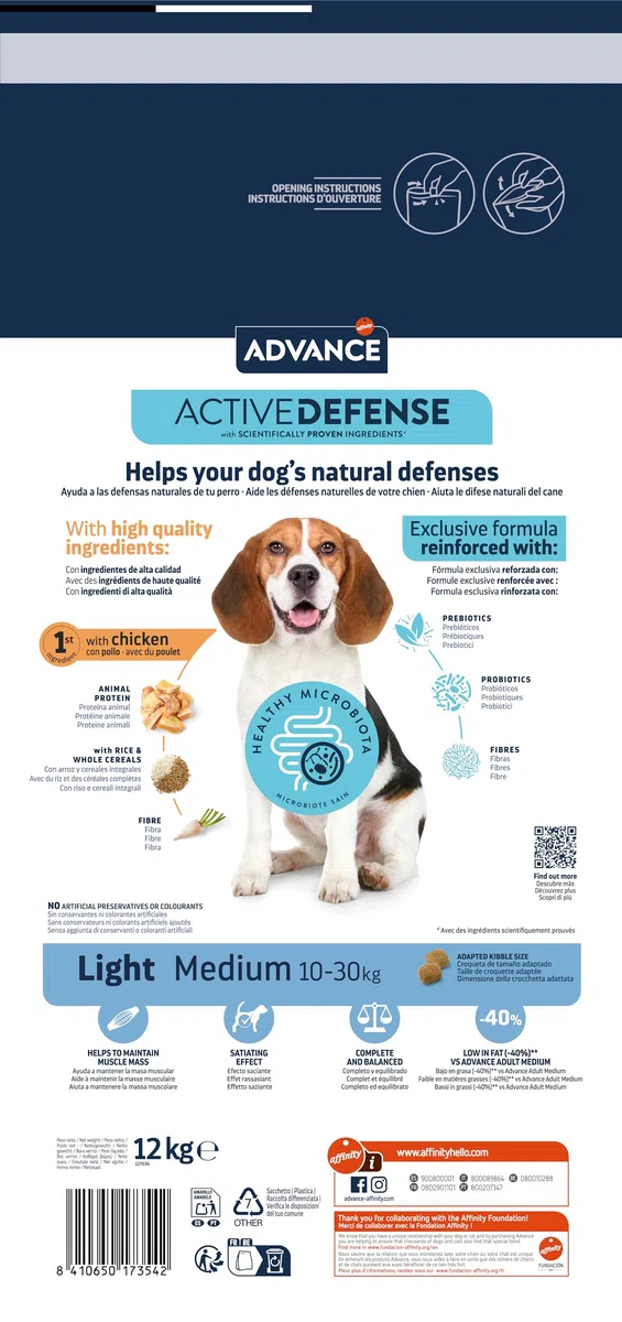 Advance Medium Adult Light, Pienso para Perros Adultos de Razas Medianas Bajo en Grasa con Pollo, 12kg
