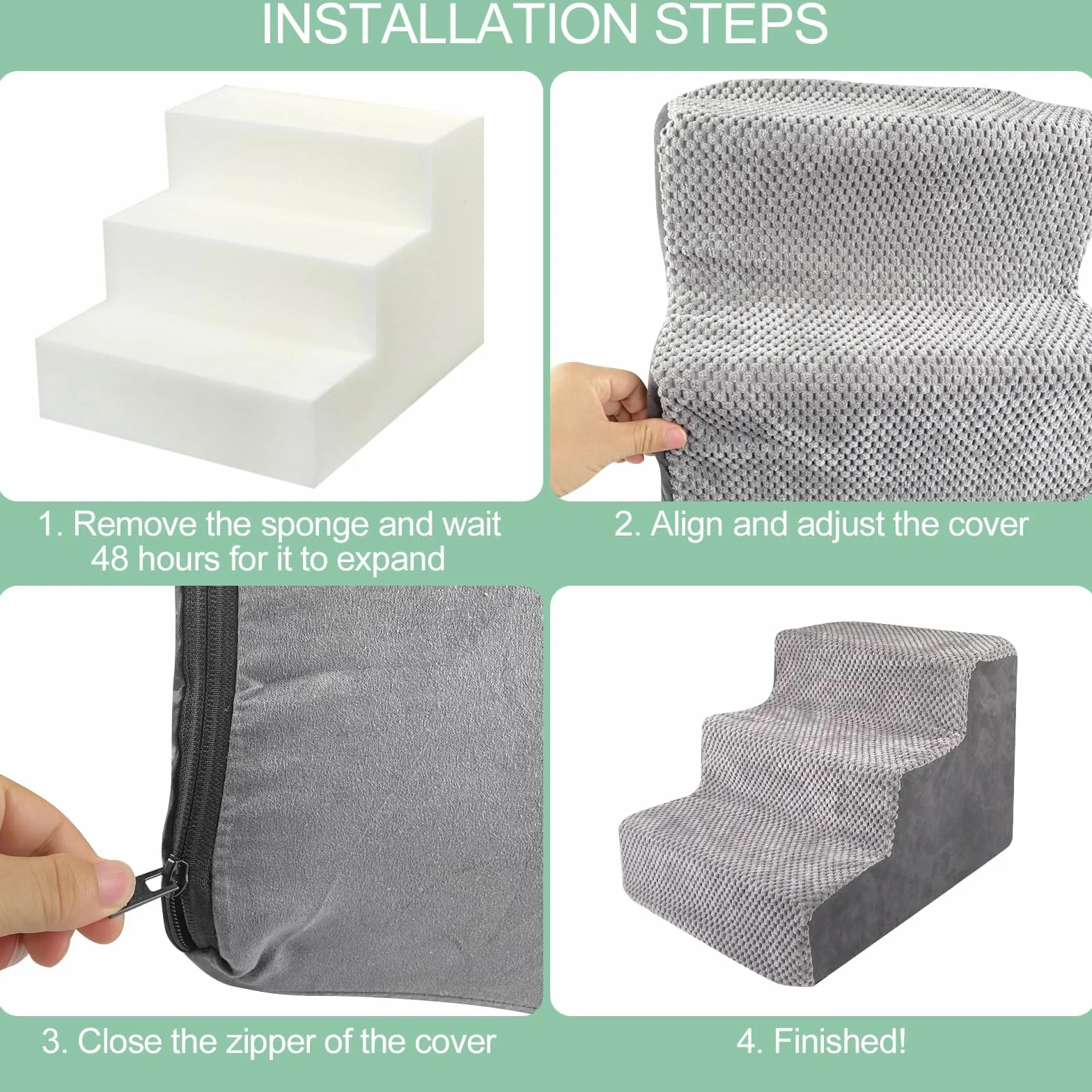 Rampa para Perros, Escalera para Mascotas de Espuma de Alta Densidad, Escaleras de 3 Peldaños con Funda Extraíble y Lavable, Escalones para Gatos Viejos y Perros para Cama, Sofá, Gris
