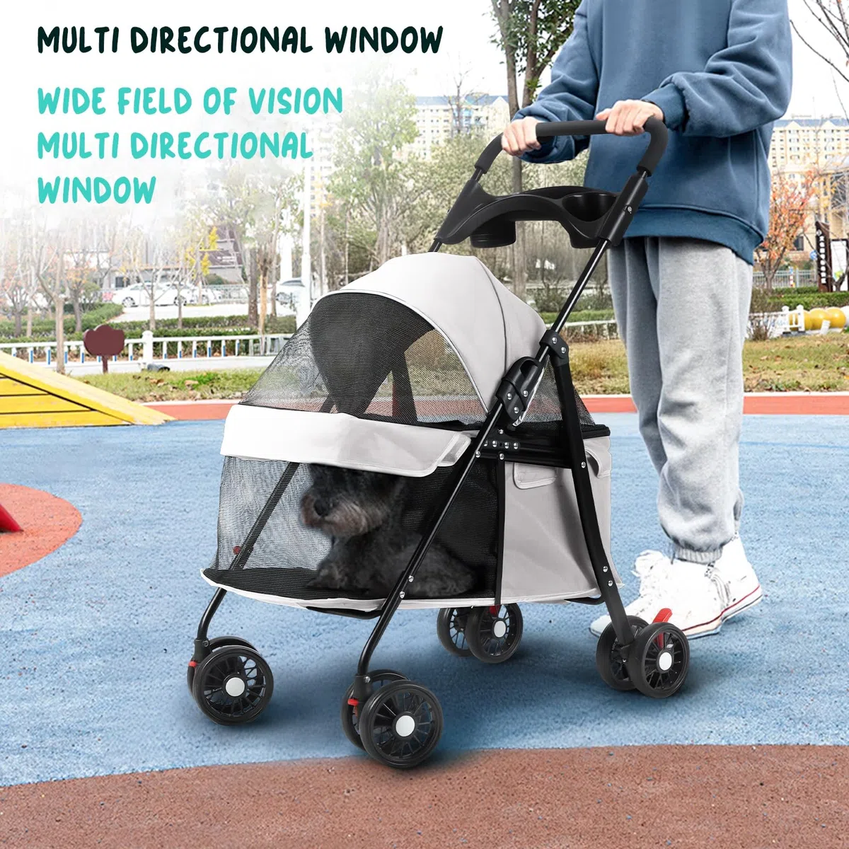 Cochecito para perros y gatos con portavasos, cochecitos plegables para perros pequeños, cochecitos medianos, cochecitos pequeños para mascotas, malla transpirable y visible, hasta 22 libras, color