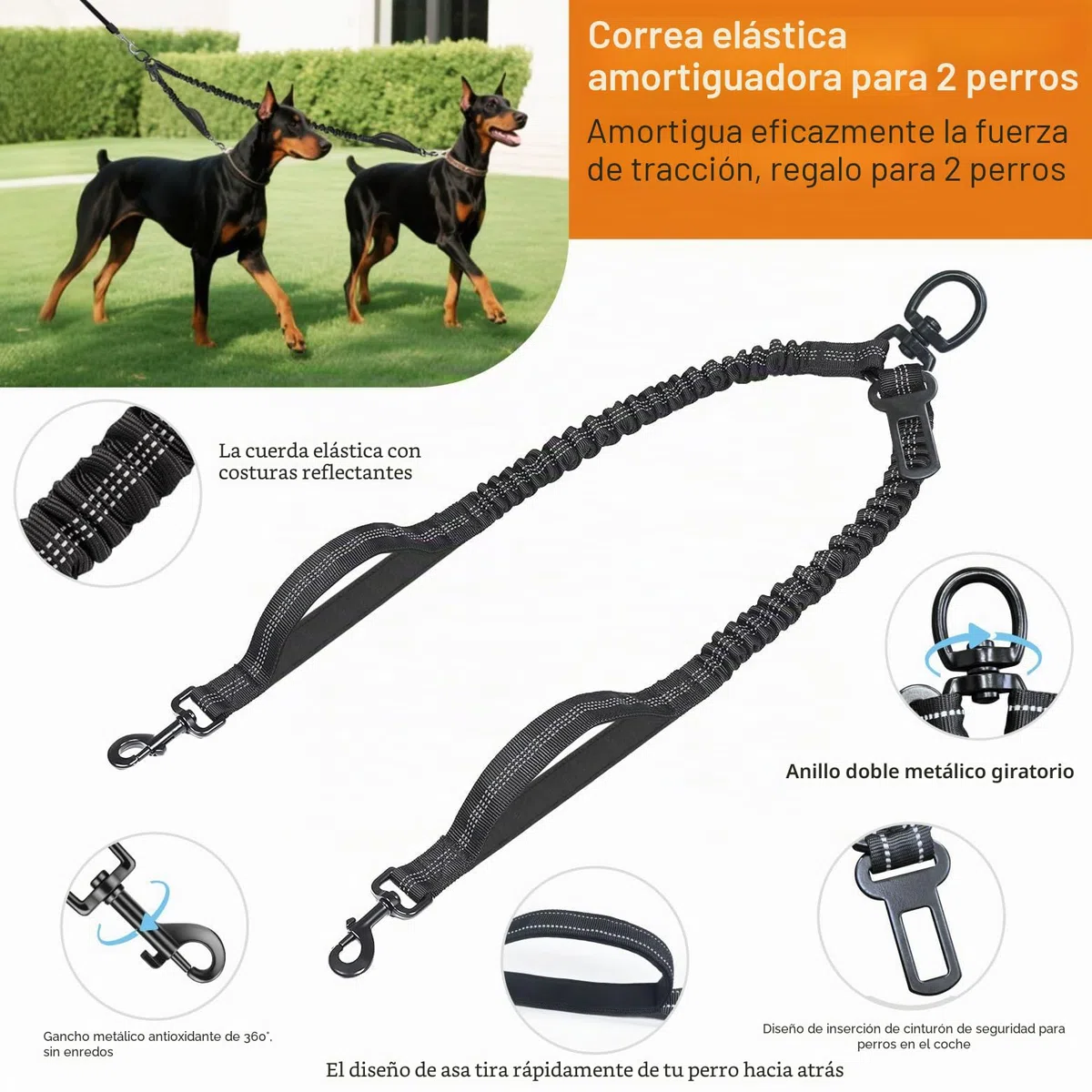 Correa retrámctil para Perro, Correa Extensible de 26ft con Correas elásticas para 2 Perros, Correa elástica con Hebilla de arnés de Seguridad Perro, Correa retráctil de 8 m, Blanco