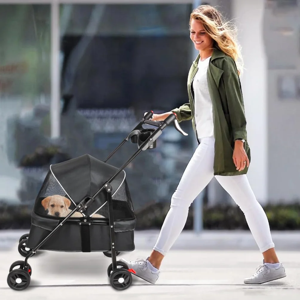 Cochecito de viaje para perros, 25 kg, con bolsa de almacenamiento y cubierta para la lluvia, cochecito Buggy para perros con portavasos, 50 x 70 x 95 cm, color negro