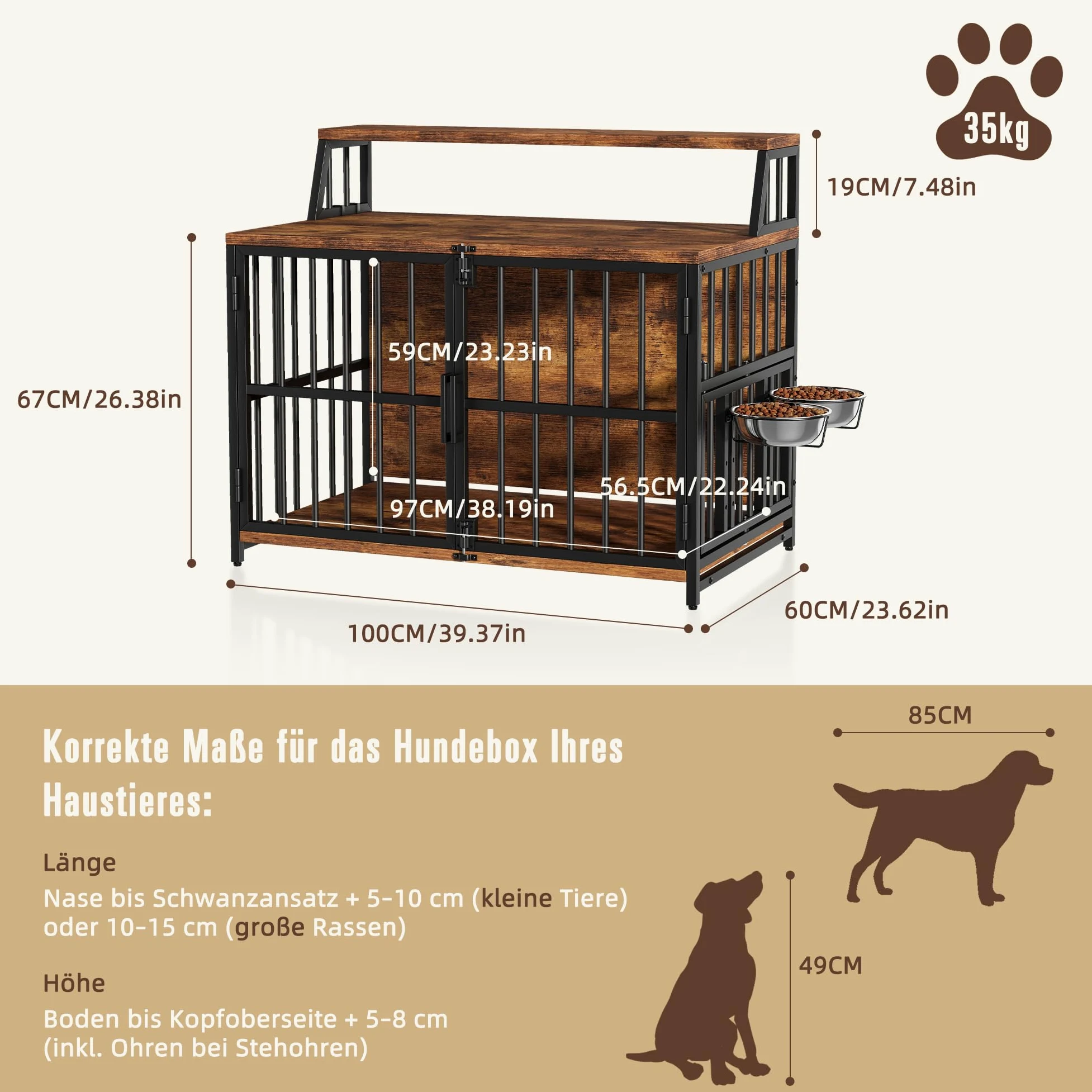 Jaula para perros, muebles para el hogar, 100 x 60 x 85 cm, jaula para perros de madera con comederos giratorios para perros, caseta para perros en estilo mobiliario con espacio de