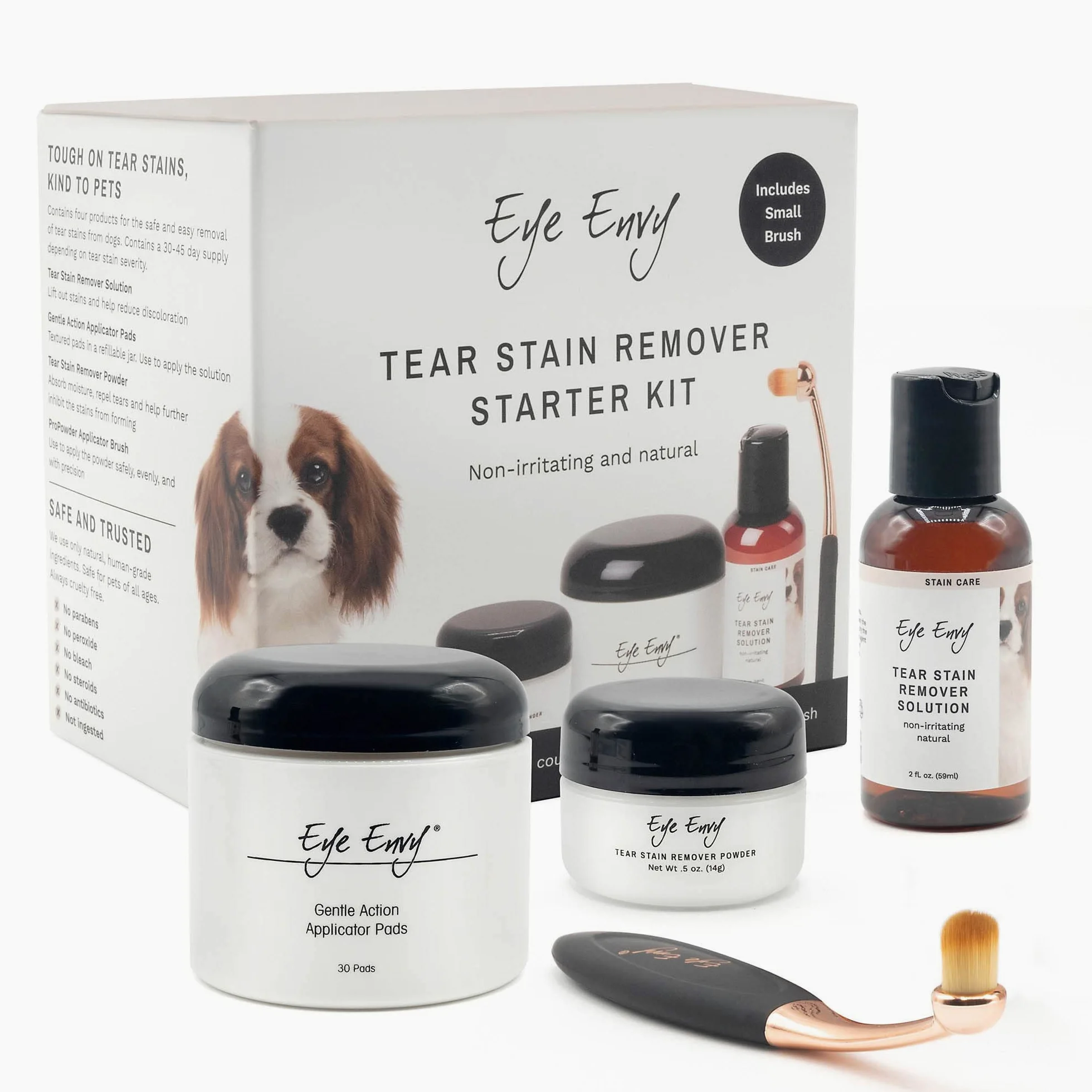 Eye Envy Kit quitamanchas de lágrimas de perrode inicio con cepillo ProPowder | solución antimanchas, almohadillas aplicadoras, polvo antimanchas y cepillo aplicador pequeño | Dura 30-45 días