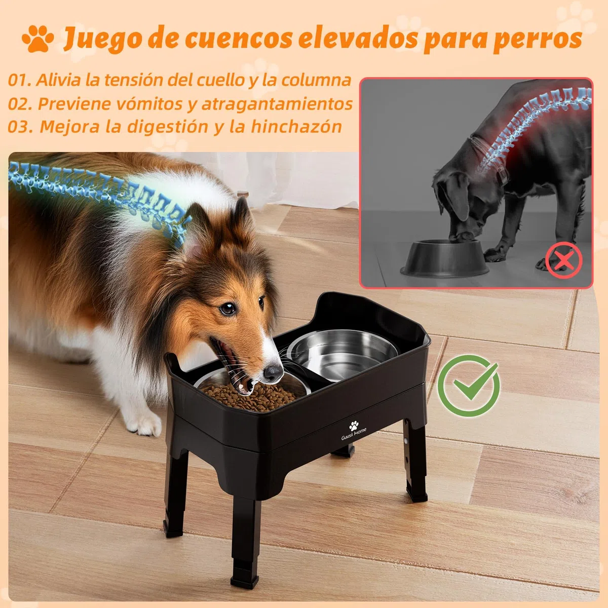 GUUSII HOME Comedero Perro Elevado Grande Bebedero Perro Soporte Cuenco Comederos Alto Para Grandes Elevador Bol Altura Ajustable 43.5*26.7*16/28.7/32.7/36.7cm 1600ml Acero Inoxidable Raised Dog Bowl
