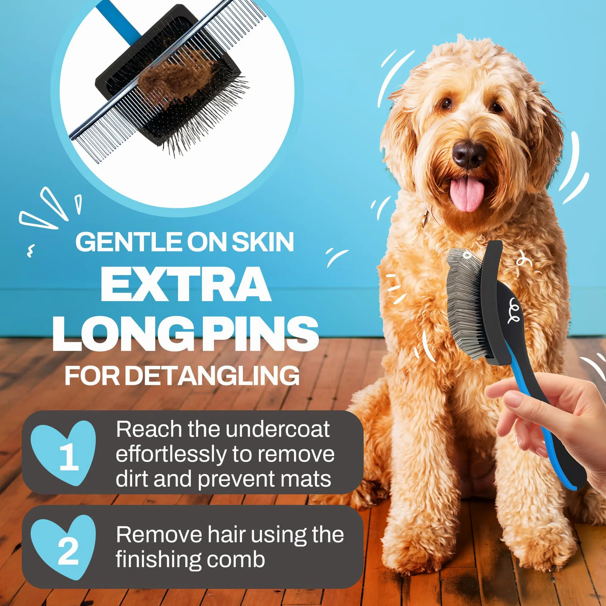 The Doodle Brush Cepillo Alisador Cepillo Para Perros Doodles, Ideal En Goldendoodles, Poodles Y Bernedoodle, Desenreda Largo Y Rizado, Herramienta Eficaz En El Aseo De Mascotas - Pasador Extra Largo