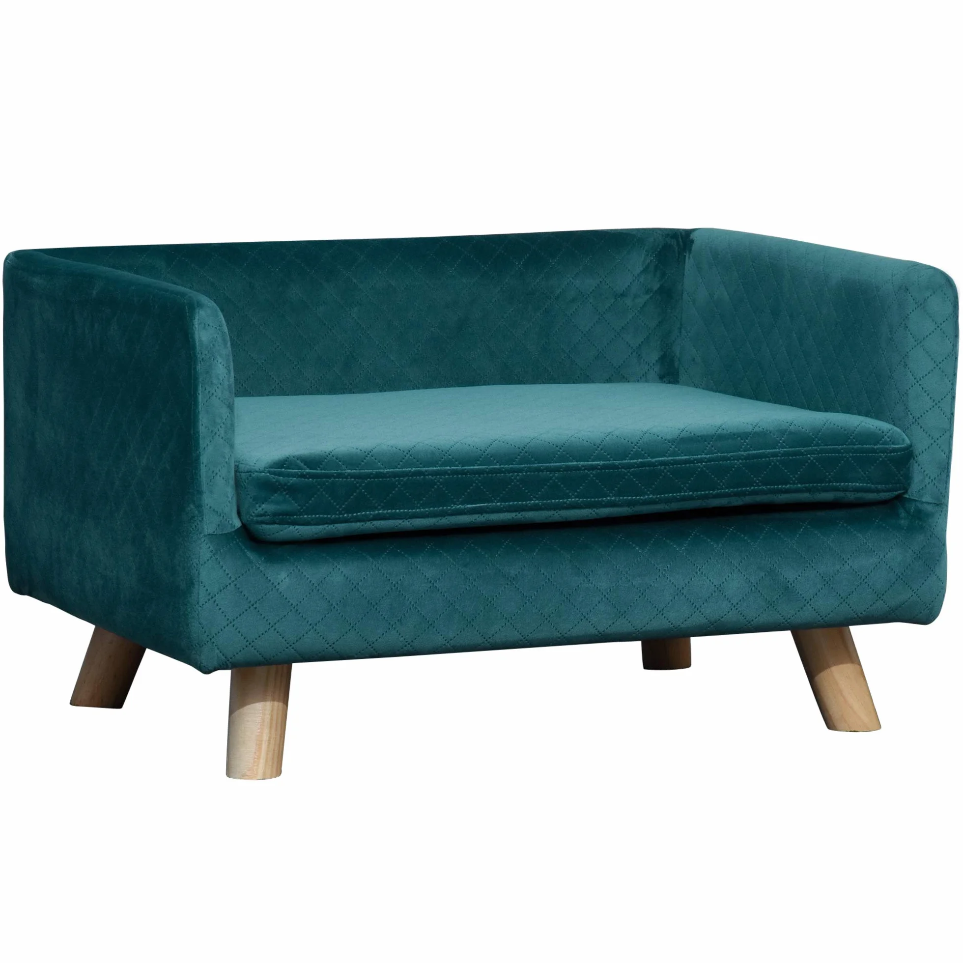 PawHut Sofá para Perros Cama para Perros Diseño escandinavo Cojín suave Patas de madera maciza dim. 64 x 45 x 36 cm Terciopelo Azul Pato