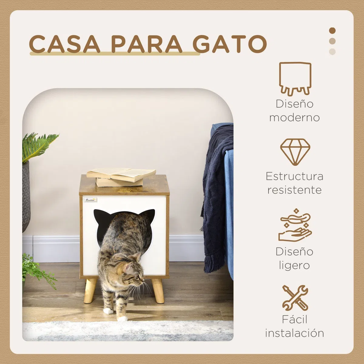 Pawhut - Casa interior para gatos de madera, con cojín lavable y patas elevadas, 34 x 34 x 44,5 cm, color marrón