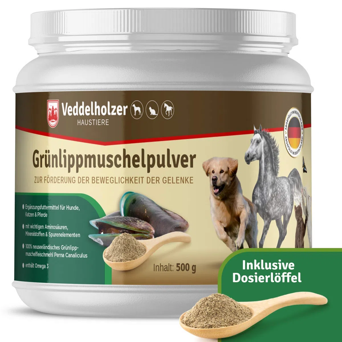 Veddelholzer - Polvo de mejillón Verde Natural para Perros, 500 g, extracto de Labio Verde con Alta aceptación en Todos los Perros condroprotector