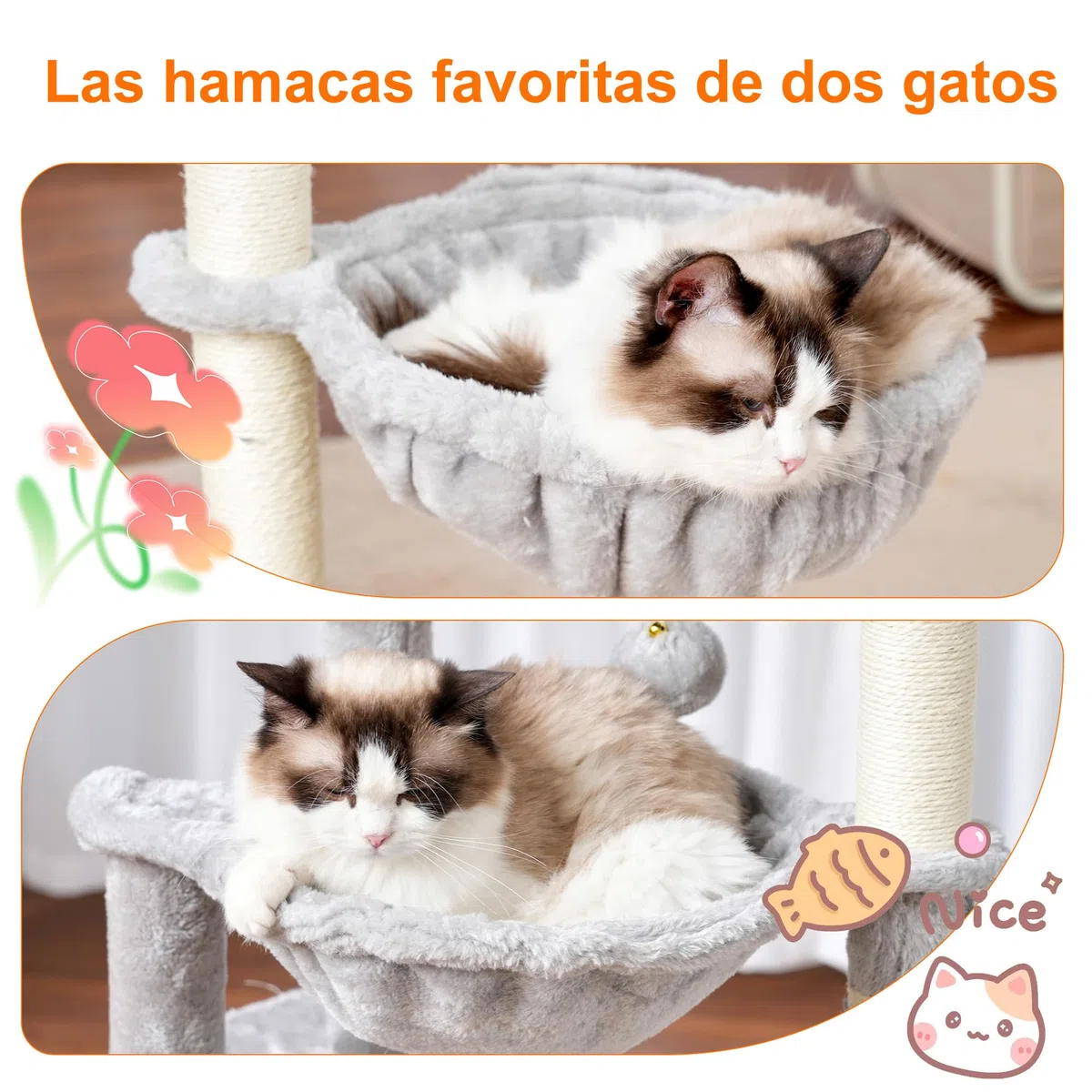 Heybly Arbol Rascador para Gatos, Arbol Gato de 100 cm de Altura con Plataforma Grande, Cueva, 2 Hamacas, Juguetes y Árbol para Trepar con Rascador, Gris Claro HCT006SW